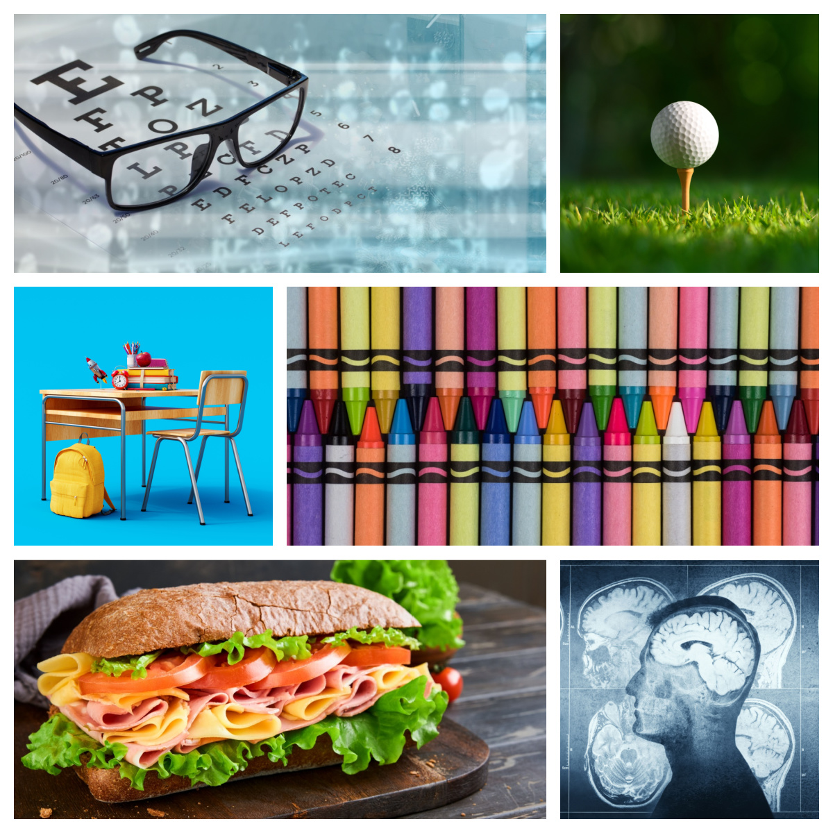 Collage of images representing August national months A collage of six images represent the August awareness months and August national months, in order from top left to bottom right the images are an eye exam chart with a pair of glasses on it for National Eye Exam Month, a golf ball on a tee for National Golf Month, a school desk wit ha backpack beside it for National Back to School Month, two rows of crayons for National Crayon Collection Month, a sub loaded with deli meats for National Sandwich Month, and an image of an x-ray of a man's brain with the man imposed on top of it for Neurosurgery Awareness Month.