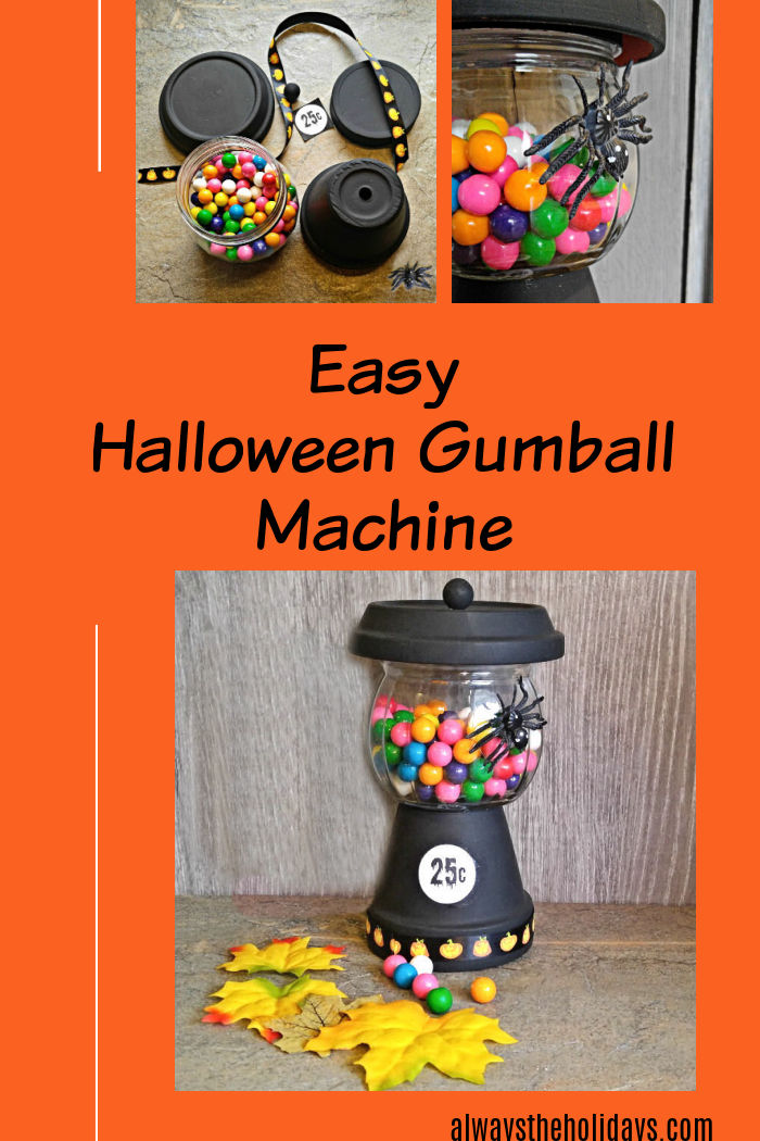 Image with an orange background and pictures of a black bubblegum machine, supplies to make it and a black spider on the glass. Text reads Easy Halloween Gumball Machine.