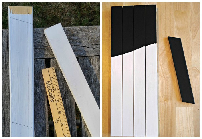 Pieces of wood and a yardstick near some painted pieces of wood.