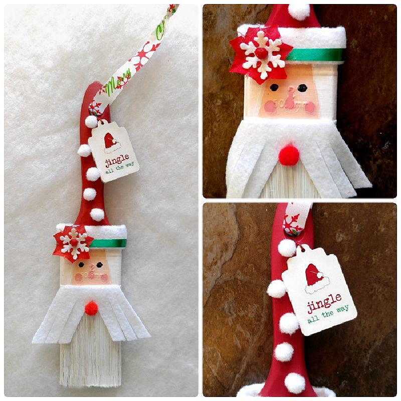 Collage with pictures of a paintbrush being transformed into a Santa Christmas ornament.