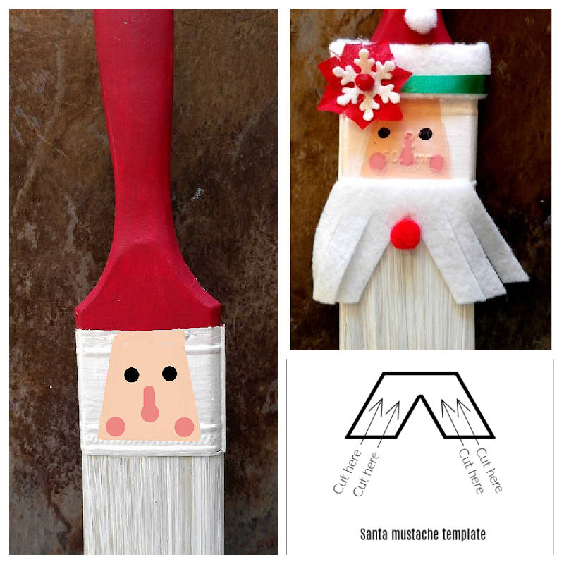Making Santa ornament Collage with a painted brush, finished Santa head and mustache template.