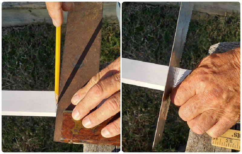 Man's hand measuring and cutting pieces of wood for a craft project.