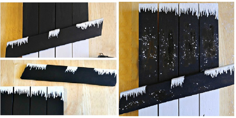Collage showing how to paint wood to look like a snowman's hat.