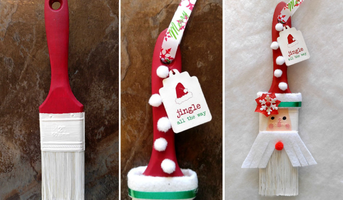 Making a Santa paintbrush ornament. Collage showing how to make a Santa ornament with a wooden paintbrush.