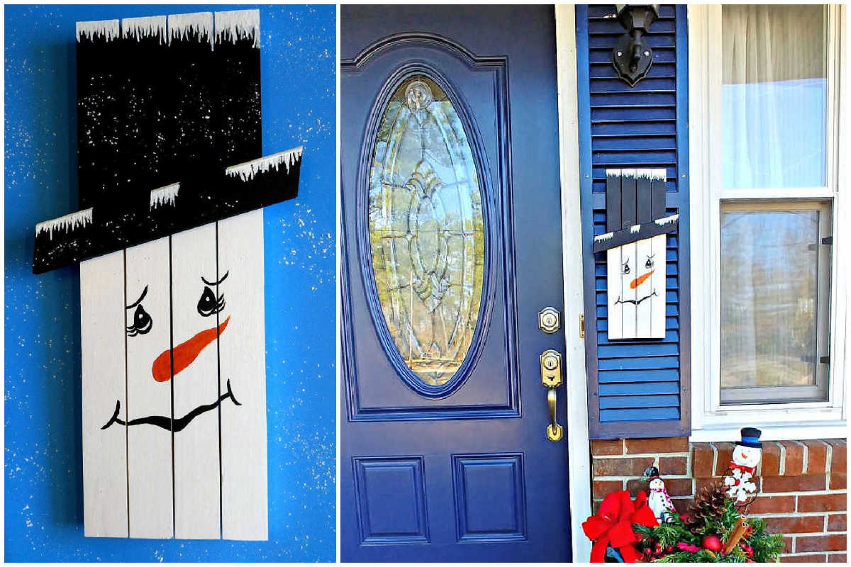 Collage showing a DIY snowman decor project and a blue door and shutter with the decoration on it.
