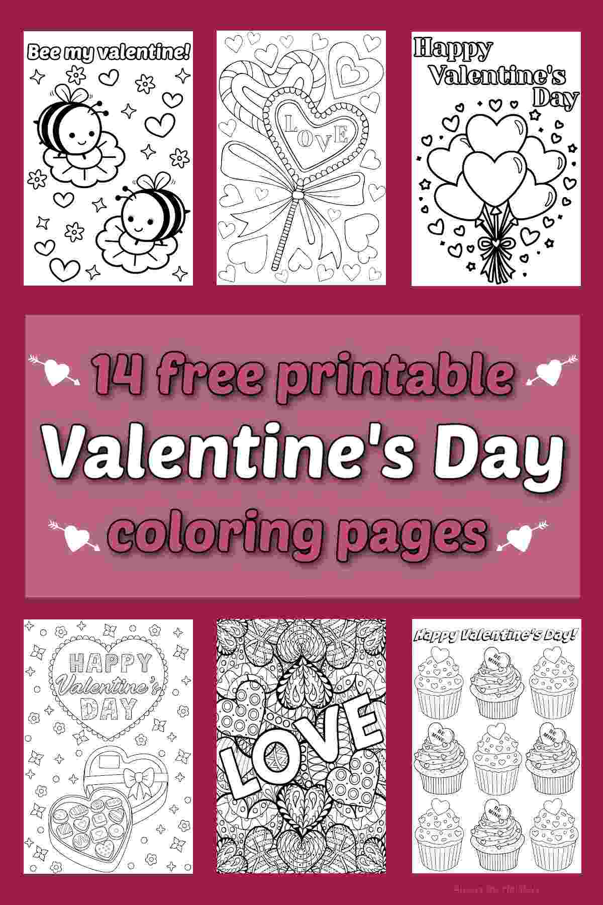Get 14 Free Valentine's Coloring Pages A collage of three Valentine's coloring pages (bumblebees in love, a heart lollipop and heart balloons) above text that reads 14 free printable Valentine's Day coloring pages, with another three Valentine's Day coloring sheets (a box of chocolates, love hearts and cupcakes) beneath the text.