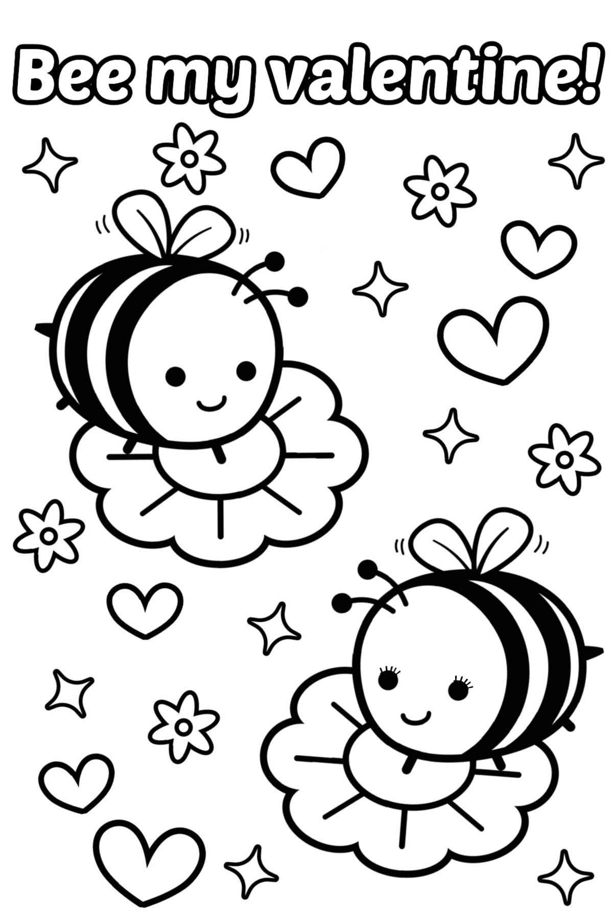 Bee my Valentine coloring page A bee my valentine coloring page with two cute bees sitting on flowers looking at each other with tiny hearts, flowers and stars all around them, and bubble letters at the top that read bee my Valentine.