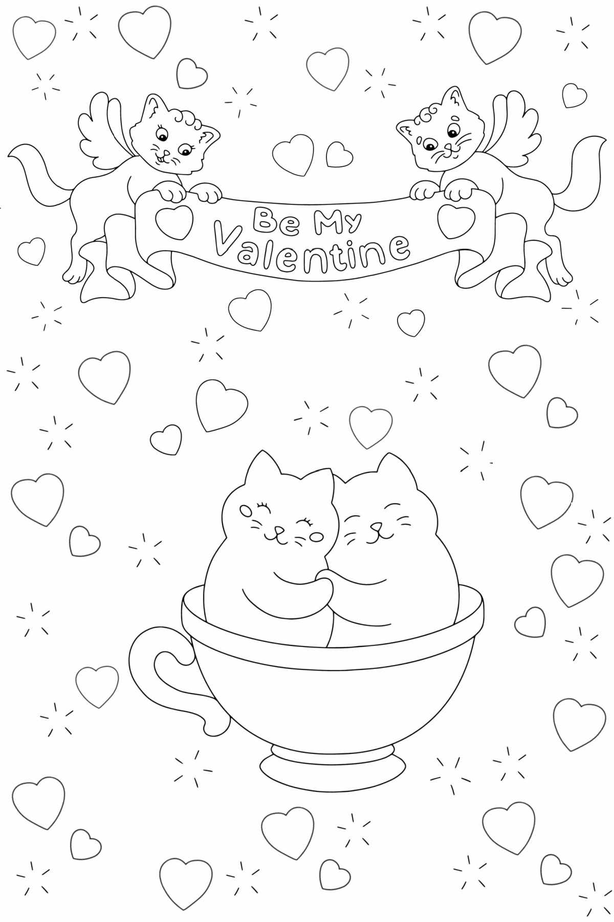 Cat coloring page for Valentine's Day A be my valentine coloring pages printable depicting two cats hugging in a teacup, under two other cats with wings flying over them with a banner that says be my Valentine, with tiny hearts and stars all around them.