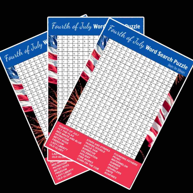 Three free 4th of July word search printables fanned out across a black background.