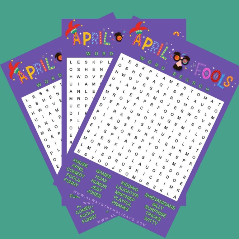 Three free April Fools' Day word search printables fanned out across a teal background.