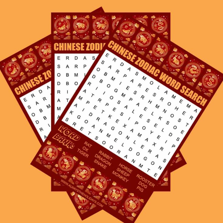 Three free Chinese Zodiac word search printables fanned out across a gold background.