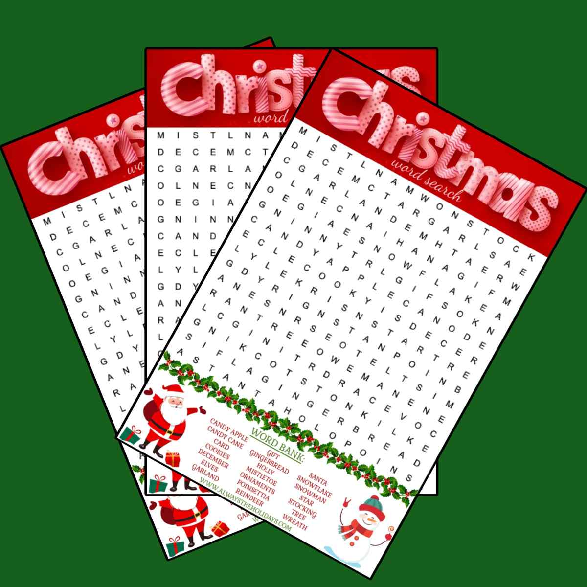Christmas word searches Three free Christmas word search printables fanned out across a green background.