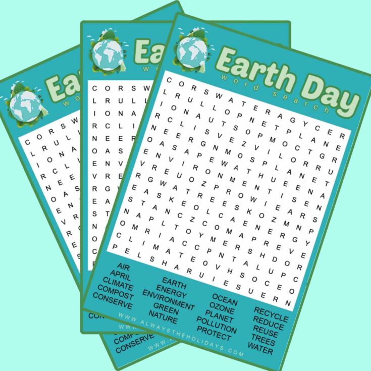 Three free Earth Day word search printables fanned out across a light blue background.