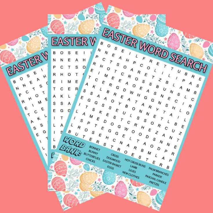 Three free Easter word search printables fanned out across a pink background.