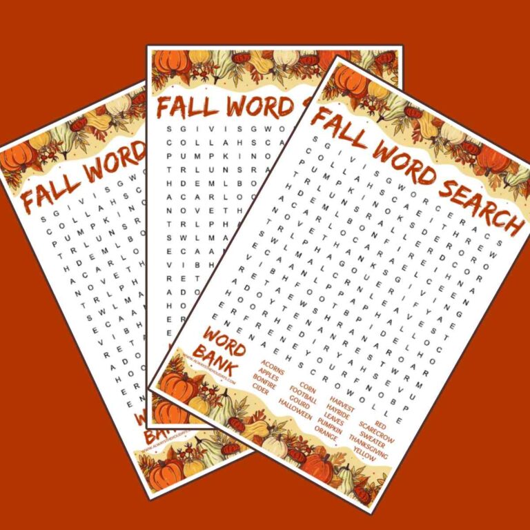 Three free fall word search printables fanned out across an orange background.