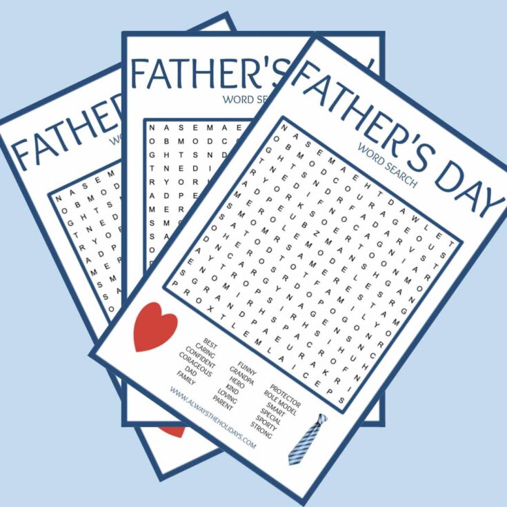 Three free Father's Day word search printables fanned out across a light blue background.