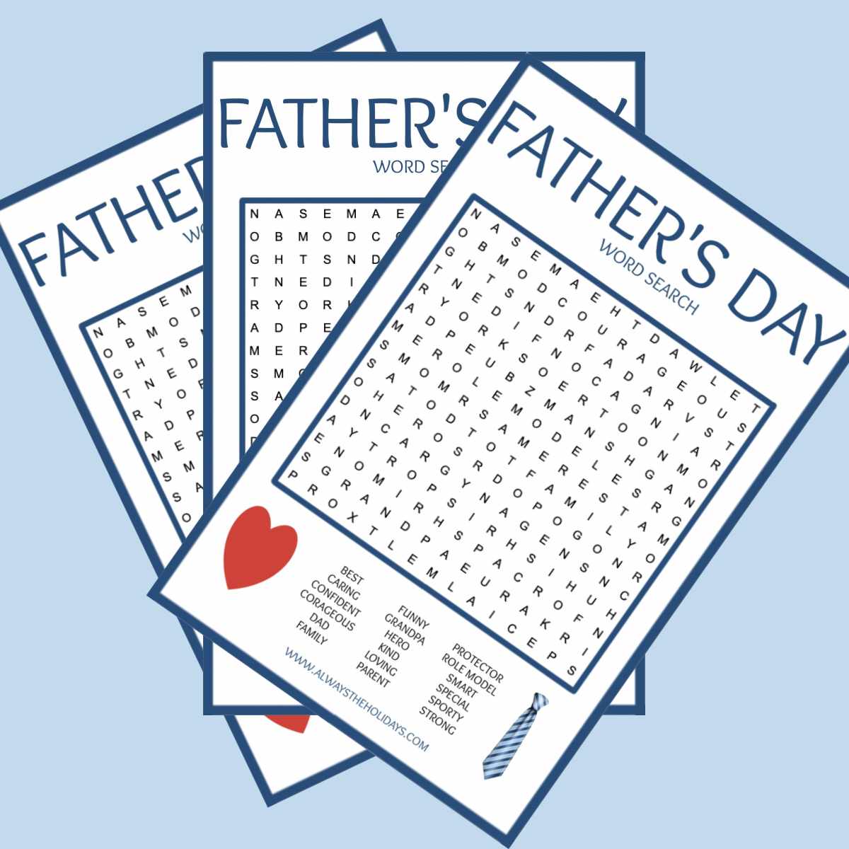 Father's Day word searches Three free Father's Day word search printables fanned out across a light blue background.