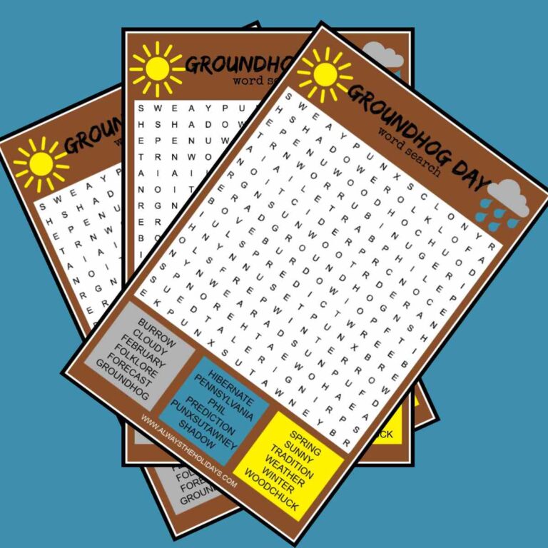 Three free Groundhog Day word search printables fanned out across a blue background.