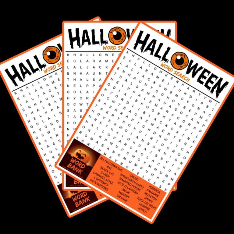 Three free Halloween word search printables fanned out across a black background.