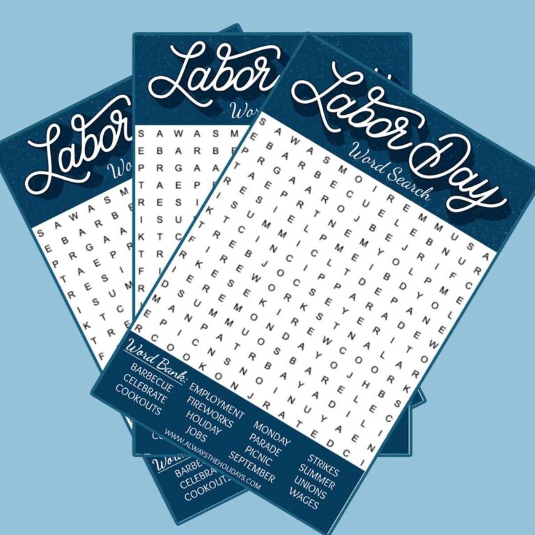 Three free Labor Day word search printables fanned out across a light blue background.