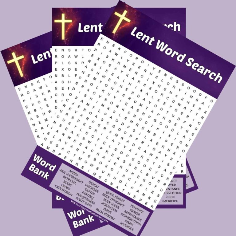 Three free Lent word search printables fanned out across a light purple background.