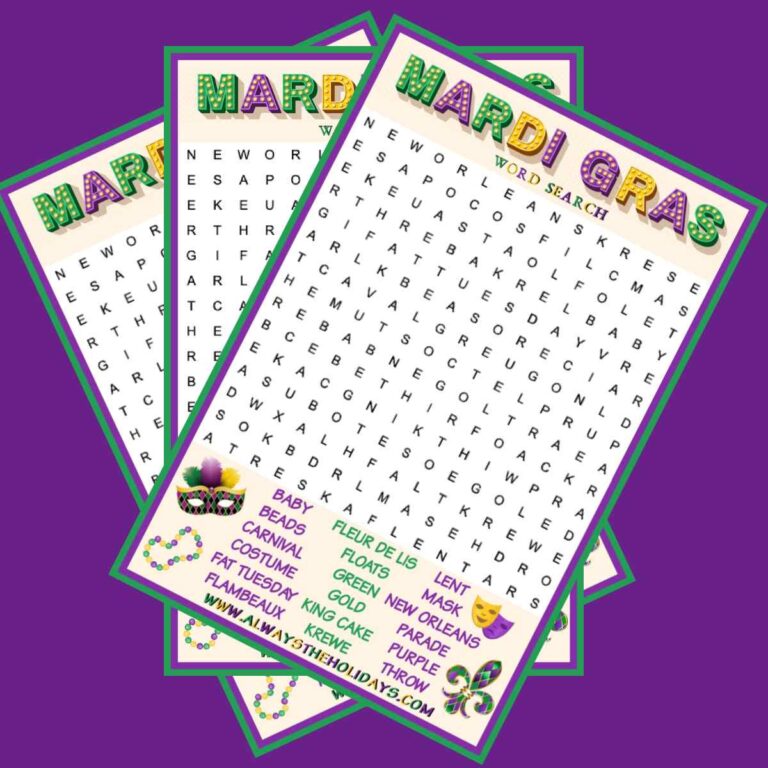 Three free Mardi Gras word search printables fanned out across a dark purple background.