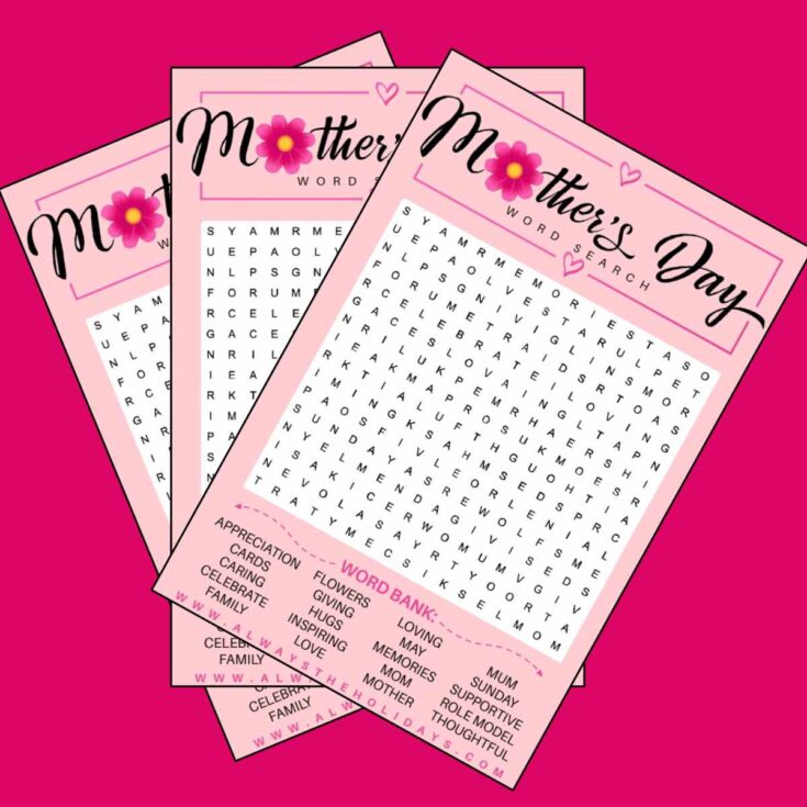 Three free Mother's Day word search printables fanned out across a dark pink background.