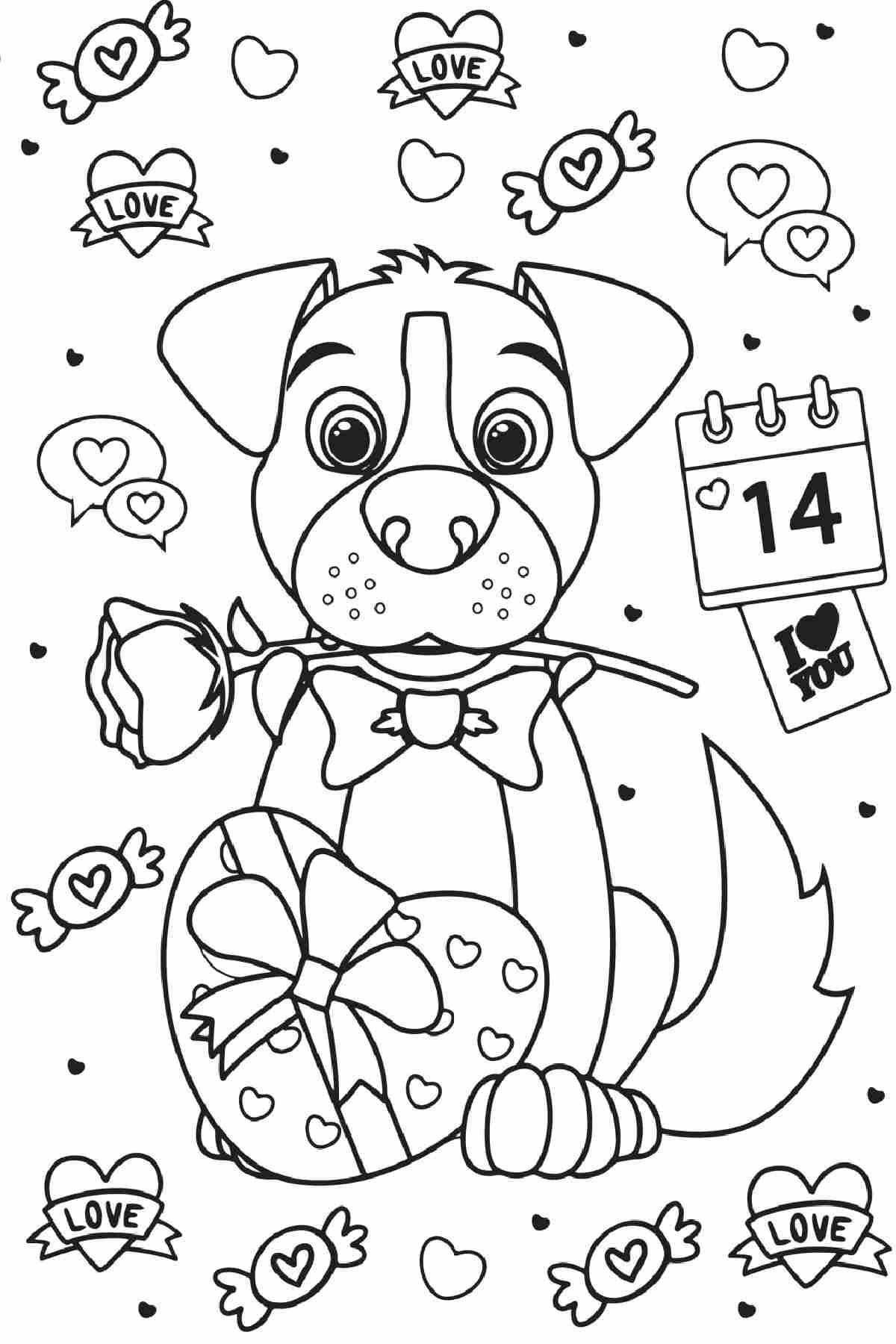 Dog themed Valentine's coloring sheet A free Valentine's coloring pages printable with a dog holding a rose in his mouth and with a box of chocolates in his paws in the center of the image, surrounded by various symbols of Valentine's Day like candy and hearts.