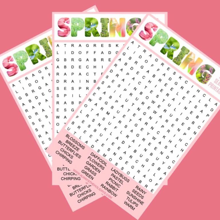 Three free spring word search printables fanned out across a pink background.