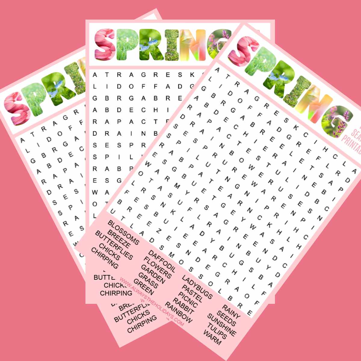 Spring word searches Three free spring word search printables fanned out across a pink background.