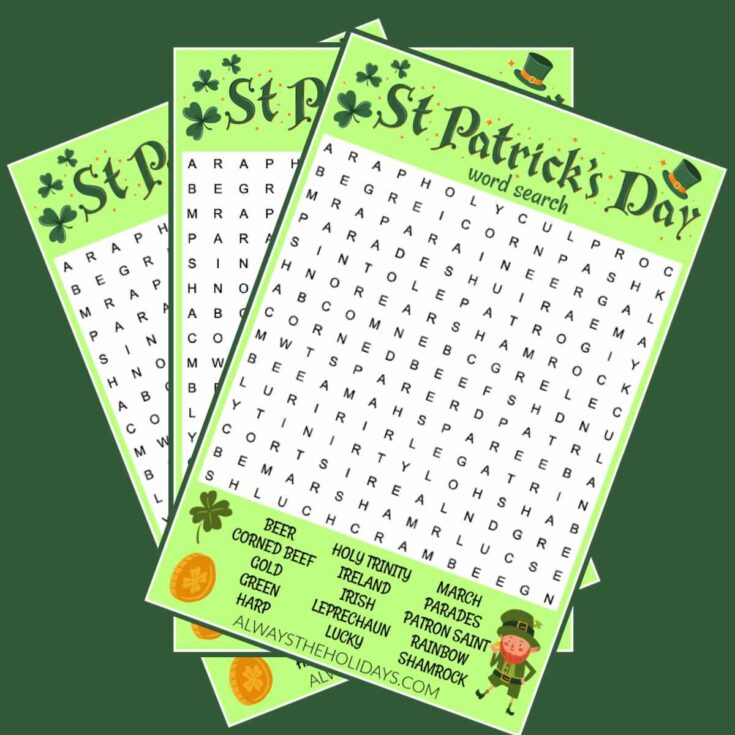Three free St. Patrick's Day word search printables fanned out across a dark green background.