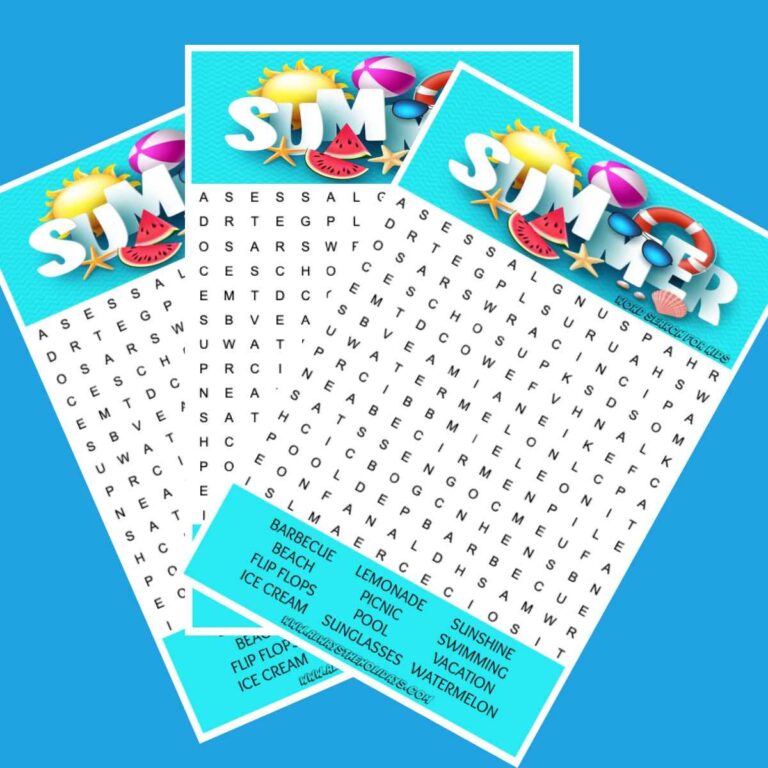 Three free summer word search printables fanned out across a blue background.