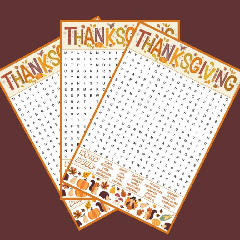 Three free Thanksgiving word search printables fanned out across a brown background.