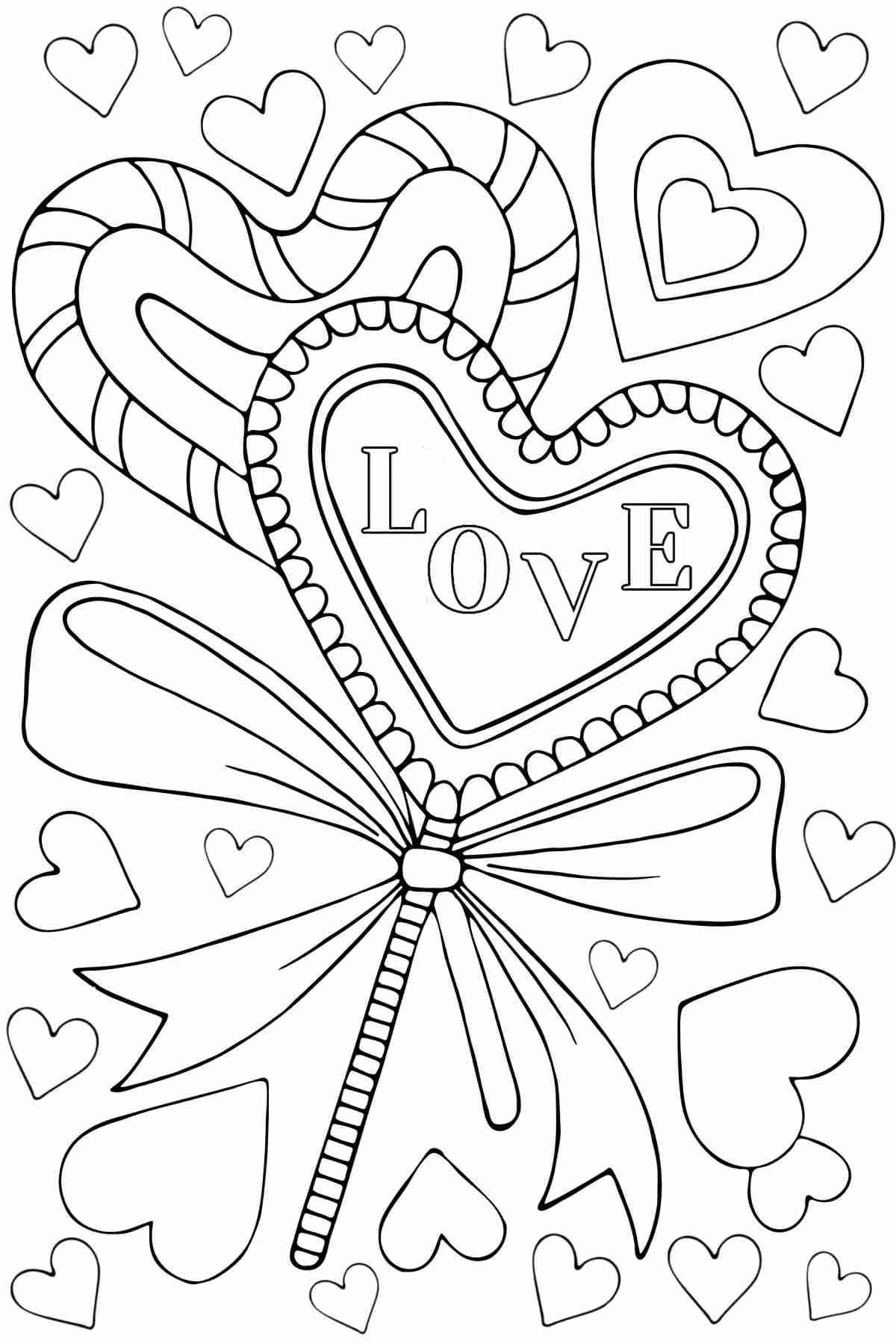 Love coloring sheet A printable love coloring pages for Valentine's Day showing a heart shaped lollipop in the center of the image with the word love written on it, and a bow around the stick, with tiny hearts facing in all directions around it.