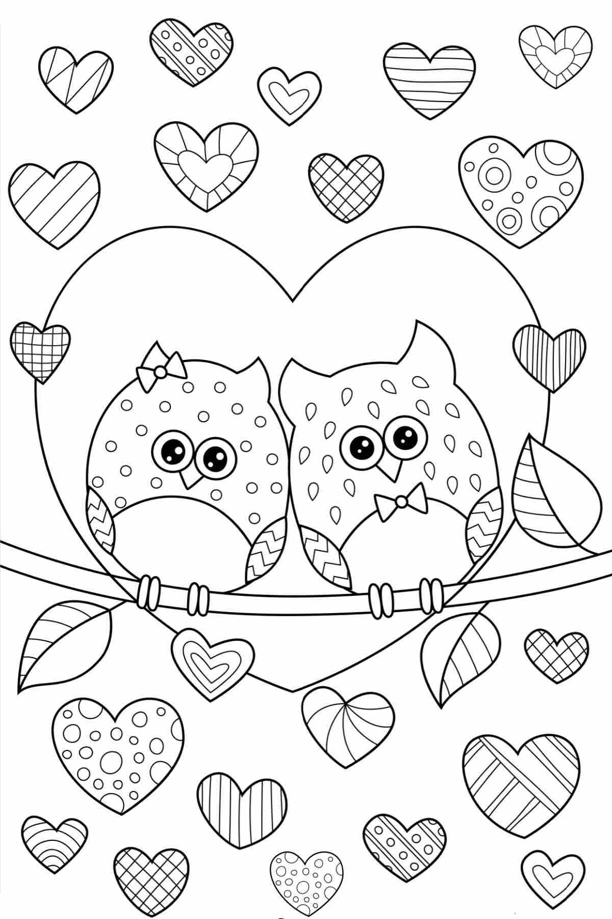 Owl in love coloring page A free Valentine's Day coloring pages printable showing two owls in love sitting beside each other on a branch in front of a giant heart, surrounded by little hearts, each one with a different design on them.