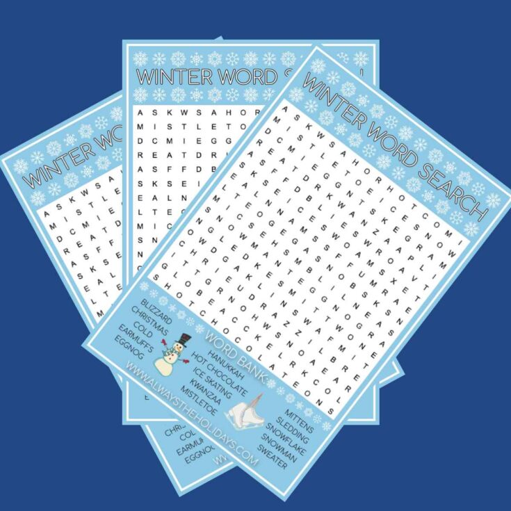 Three free winter word search printables fanned out across a dark blue background.