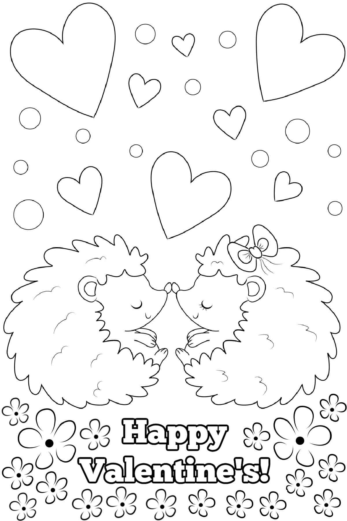 Happy Valentine's coloring page A free printable Valentine's coloring sheets image showing two hedgehogs in love looking at each other, with hearts all above them, and flowers under them with words that say Happy Valentines.