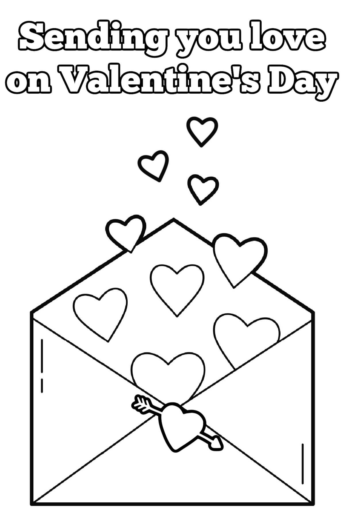 Love coloring page for Valentine's Day A coloring sheet for Valentines Day that says sending you love on Valentine's Day at the top in bubble letters, with an open envelope below it, with hearts coming out of the top of it, with a heart with an arrow through it as a seal.