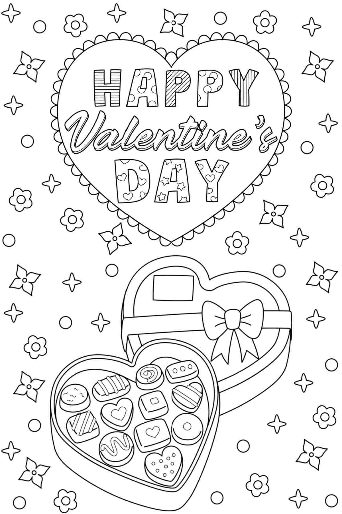 Happy Valentine's Day coloring sheet A printable happy Valentine's Day coloring pages depicting a box of chocolates under the words happy Valentine's Day in a lace heart, with stars flowers, stars and circles all about it.