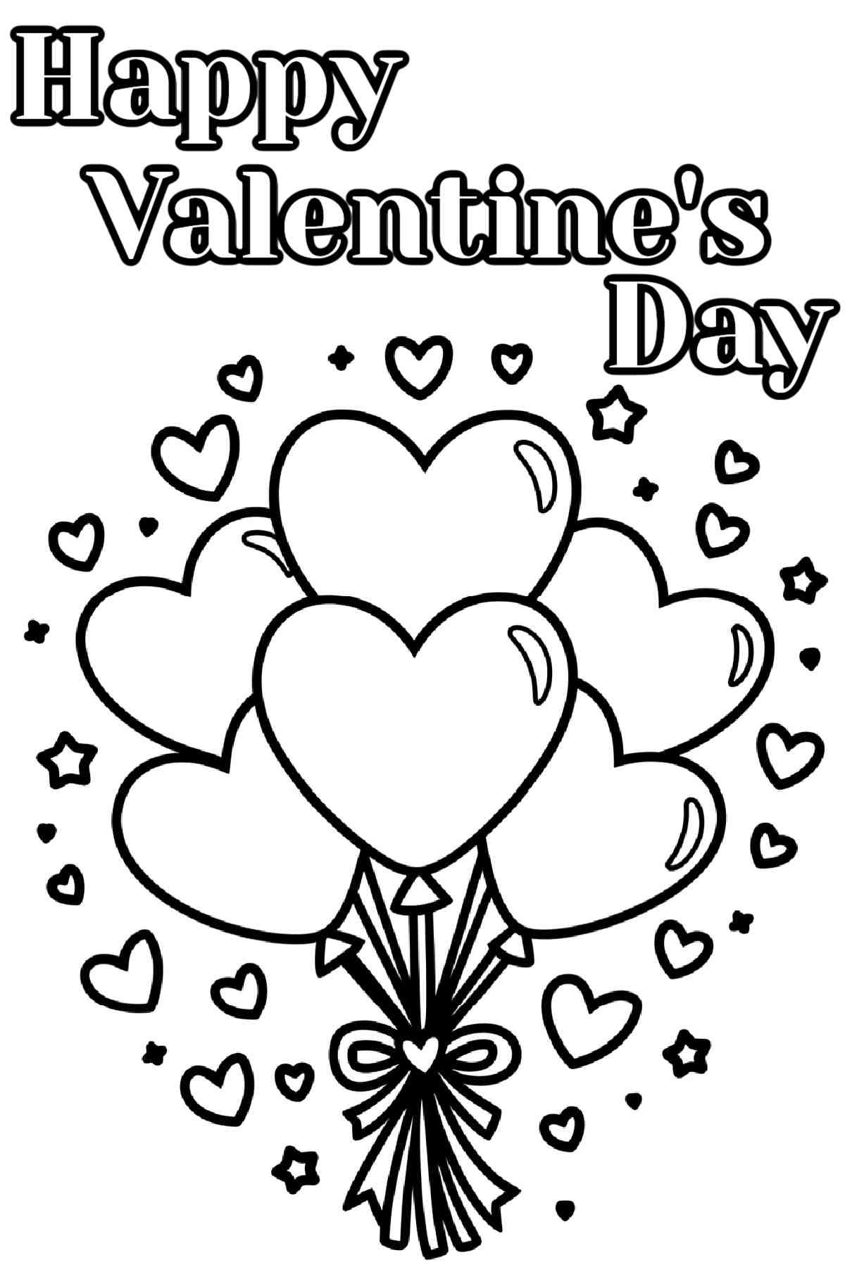 Happy Valentine's Day coloring page printable A happy Valentine's coloring pages printable image depicting a bouquet of heart balloons under text that reads Happy Valentine's Day.