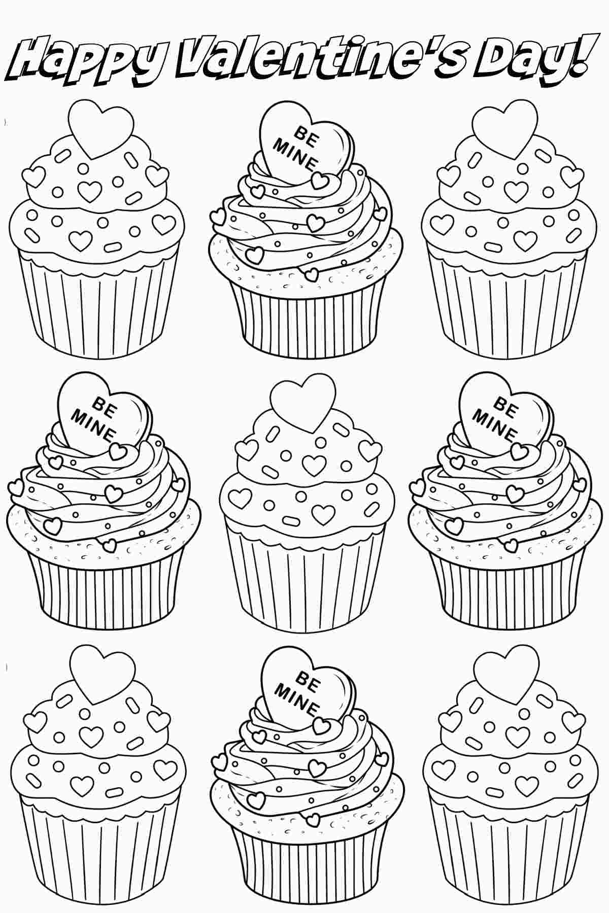 Cupcake coloring sheet for Valentine's Day A happy Valentine's Day coloring sheets printable with nine cupcakes on it, some are topped with hearts, while others are topped with candy conversation hearts that say be mine, under bubble letters that say Happy Valentine's Day.