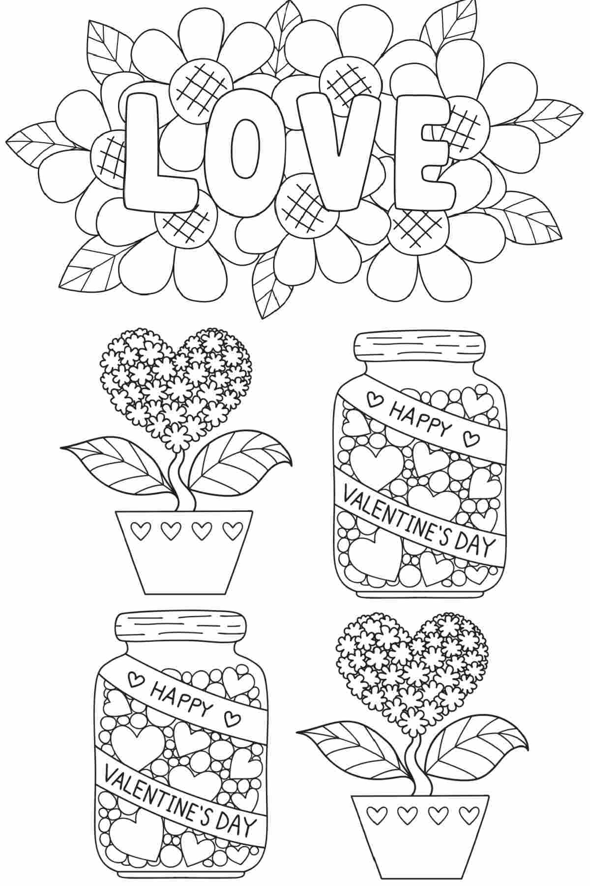 A free printable Valentine's coloring pages image depicting the word love on top of flowers at the top of the image, and two jars of hearts and heart shaped flowers beneath it.