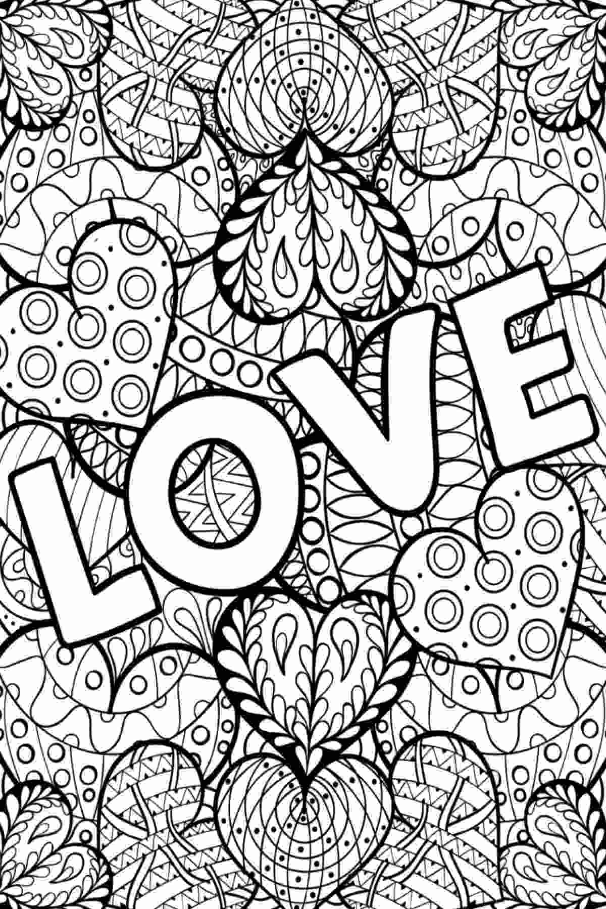 Love coloring page A printable love coloring sheets for Valentine's Day with a background of intricately designed hearts, and white bubble letters that spell out love.