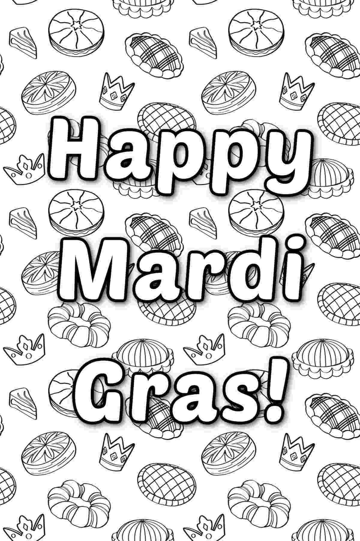 A Happy Mardi Gras coloring pages image with king cakes and tiny crowns in the background.