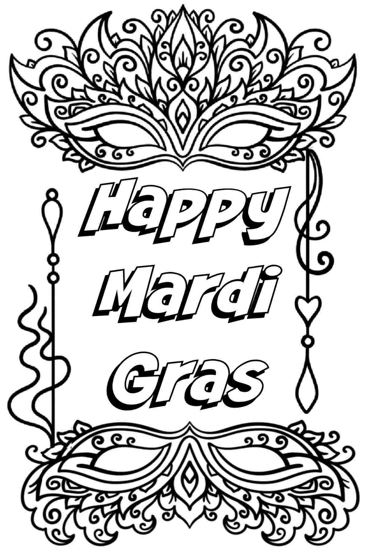 A Mardi Gras printable coloring page that has the words Happy Mardi Gras between two Mardi Gras masks.