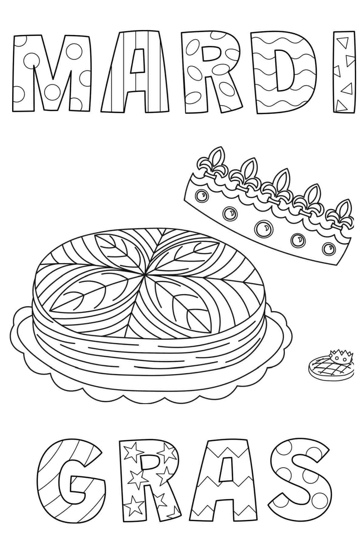 A king cake coloring sheet for Mardi Gras that has the a giant king cake in the center, with a crown to the right of it, and the word Mardi above it, with the word Mardi below it.