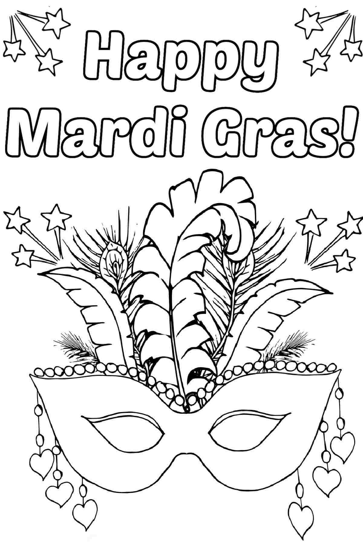 A free Mardi Gras printables image of a coloring page with a Mardi Gras mask in the center and bubble letters that say Happy Mardi Gras above it, with stars in the top corners.