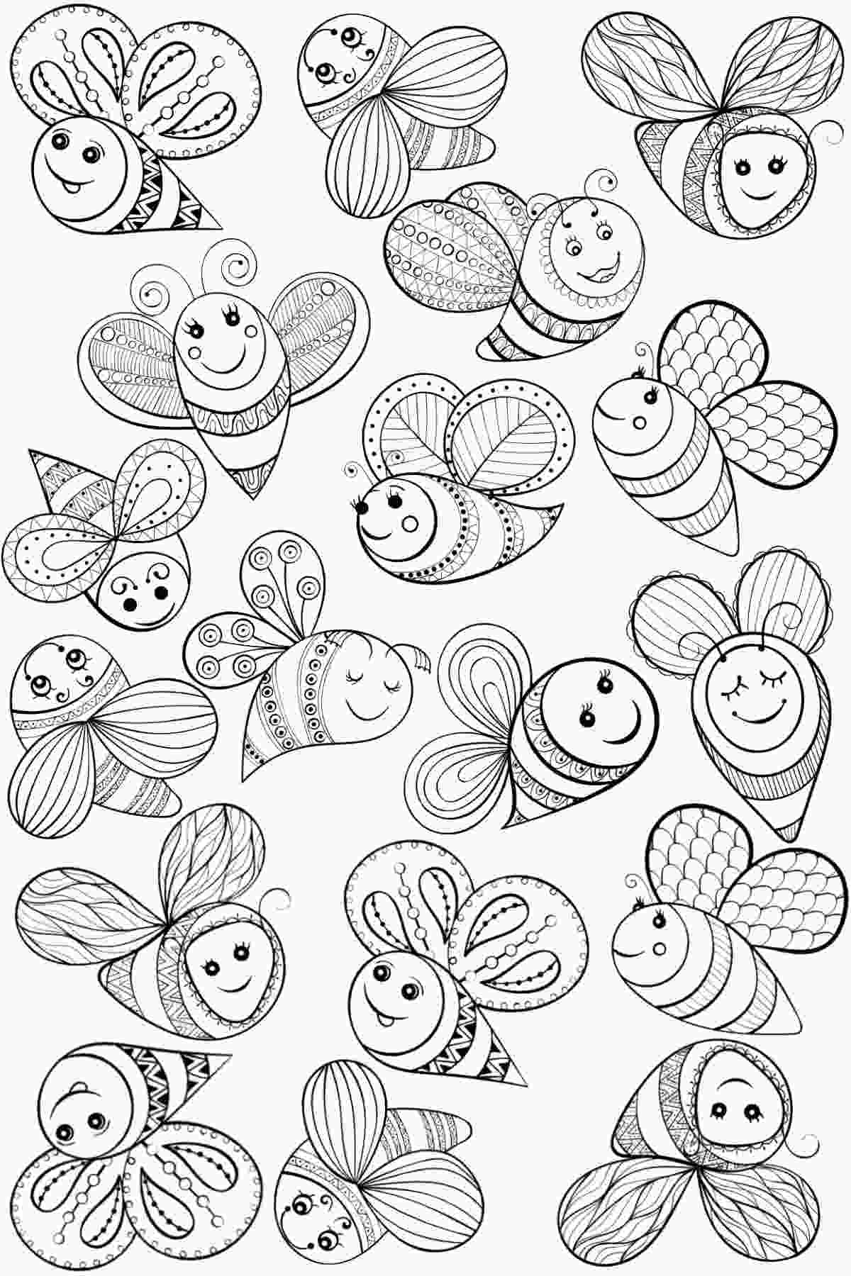 20 Free Coloring Pages for Spring A bee coloring pages printable featuring 18 bumblebees floating around to symbolize a spring day.