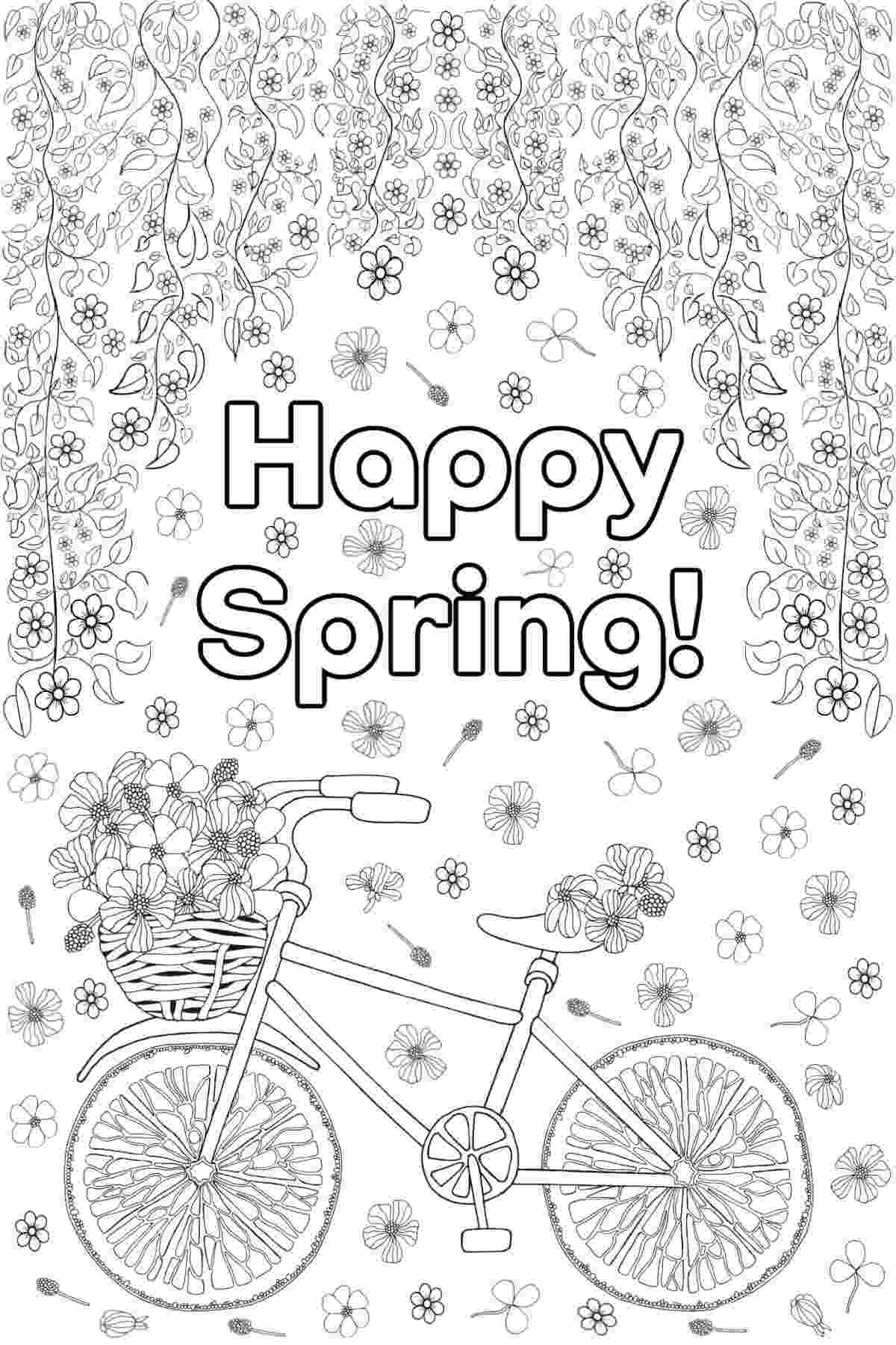 Get 20+ Free Spring Printable Coloring Pages A bicycle coloring pages printable with the words happy spring in the center, a bicycle covered in flowers at the bottom, hanging flower vines at the top, and floating flowers all around the bicycle.