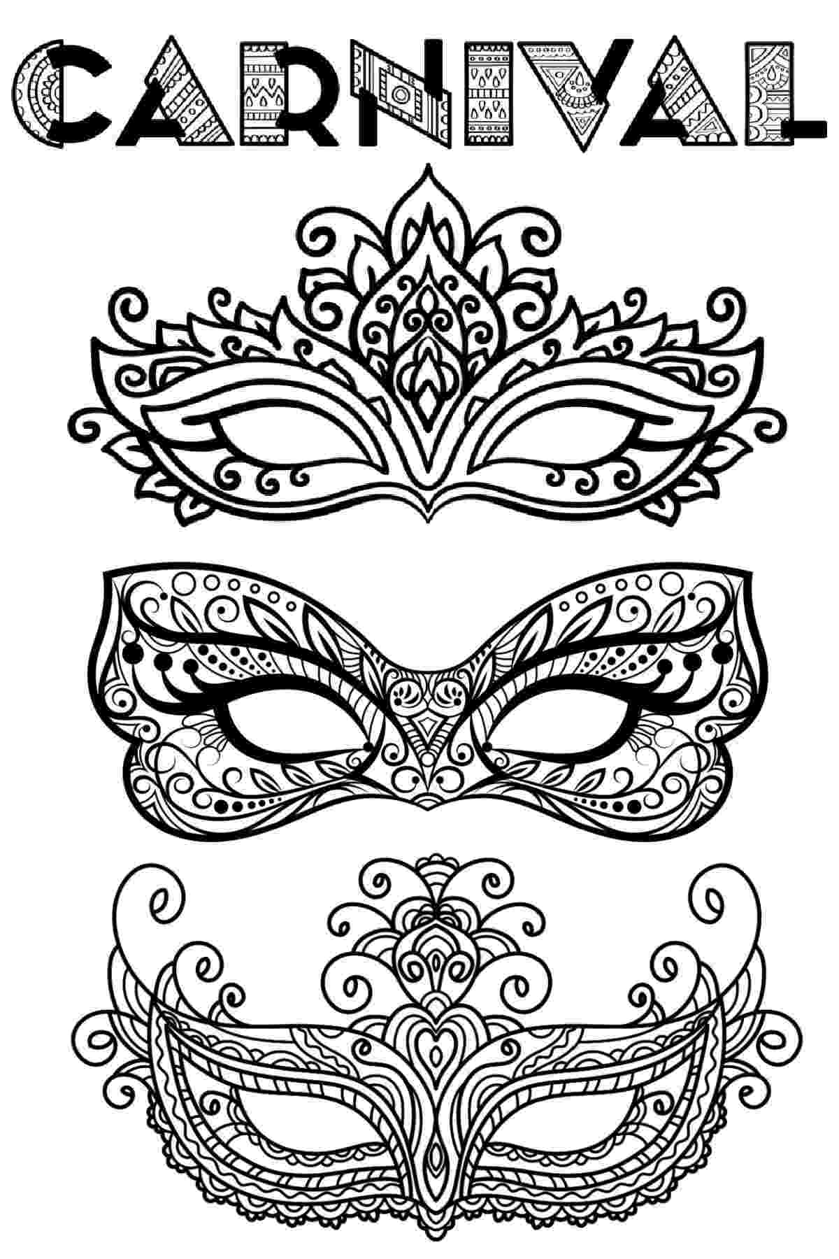 A Mardi Gras masks coloring pages printable with three intricate masks, and the word carnival above them.